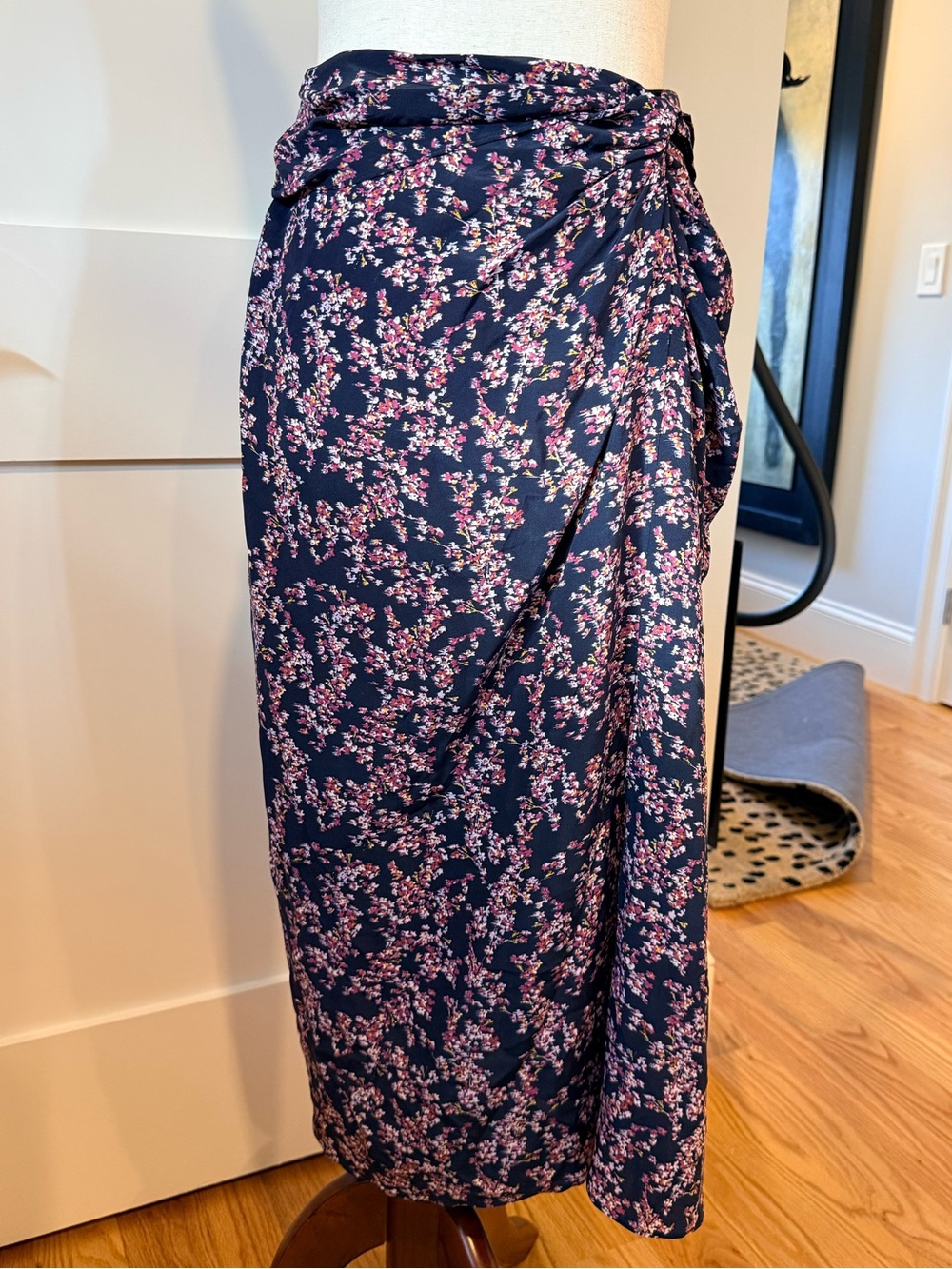 rag & bone Silk Navy Midi Wrap Skirt with Pink Floral Print